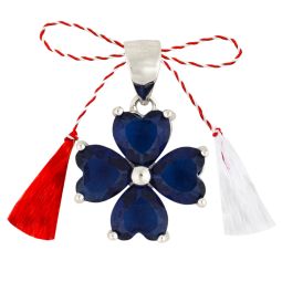 Martisor pandantiv argint placat rodiu trifoi 4 foi briliant zirconiu albastru