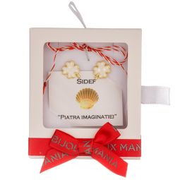 Martisor cercei surub cupru placat auriu sidef alb trifoi