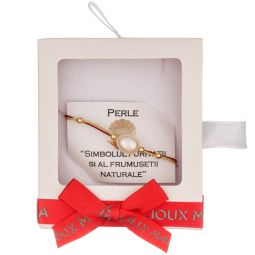 Martisor bratara cupru placat auriu perla alb bob 7x9 mm fir grena