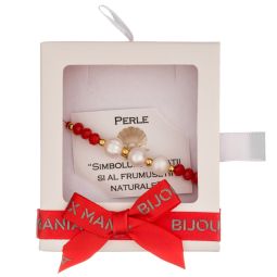 Martisor bratara cupru placat auriu perle alb 6-7 mm discuri sticla rosu bile 3 mm