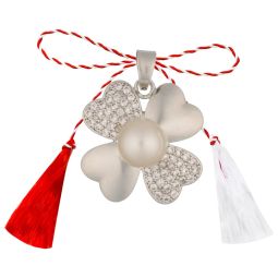 Martisor baza pandantiv cupru placat argintiu trifoi 4 foi zirconiu alb cabosoane perle de cultura alb 10 mm