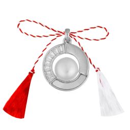 Martisor prindere pandantiv argint placat rodiu sidef alb cerc contur zirconiu alb 13 mm cabosoane perle de cultura alb 6 mm