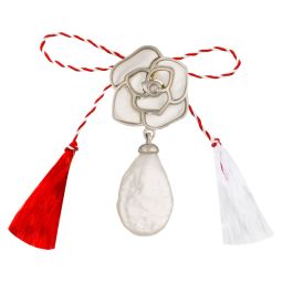 Martisor prindere pandantiv argint placat rodiu sidef alb floare 17.7 mm perle de cultura baroc alb picatura plata 10x16 mm