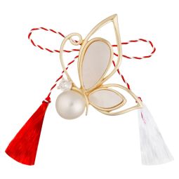 Martisor baza brosa argint placat aur 14K sidef alb fluture cabosoane perle de cultura alb 6 mm