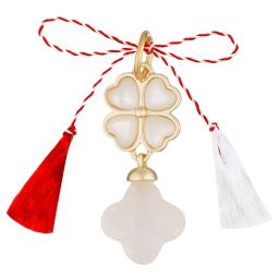 Martisor prindere pandantiv argint placat aur 14K sidef alb trifoi 4 foi 12 mm cuart roz floare 4 petale 10 mm