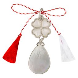 Martisor prindere pandantiv argint placat rodiu sidef alb trifoi 4 foi 12 mm sidef gri picaturi plate 10x14 mm