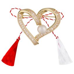 Martisor baza brosa argint placat aur 14K inima contur cabosoane perle de cultura alb 8 mm