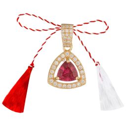Martisor pandantiv argint placat aur 14K triunghi rotunjit briliant zirconiu fucsia si alb