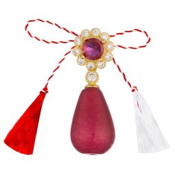Martisor prindere pandantiv argint placat aur 14K floare 10 petale zirconiu fuxia si alb jad visiniu picaturi 9x13 mm