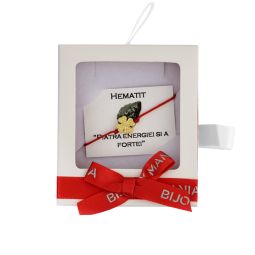 Martisor bratara hematit placat auriu trifoi 4 foi 8 mm fir textil rosu 0.8 mm