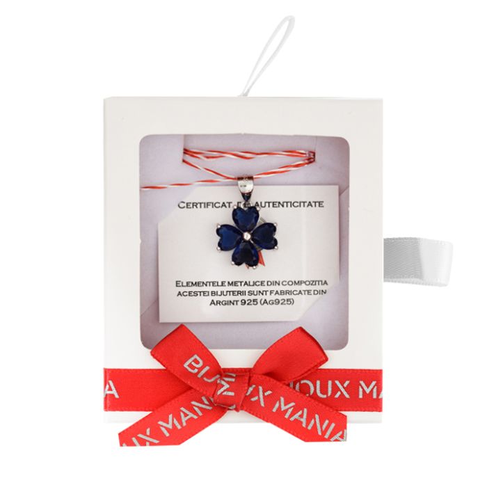 Martisor pandantiv argint placat rodiu trifoi 4 foi briliant zirconiu albastru