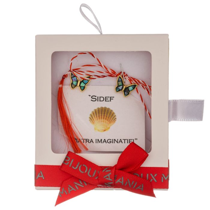 Martisor cercei surub cupru placat auriu sidef multicolor fluture