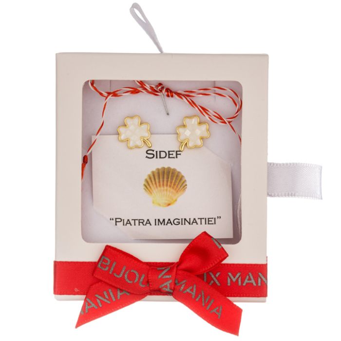 Martisor cercei surub cupru placat auriu sidef alb trifoi