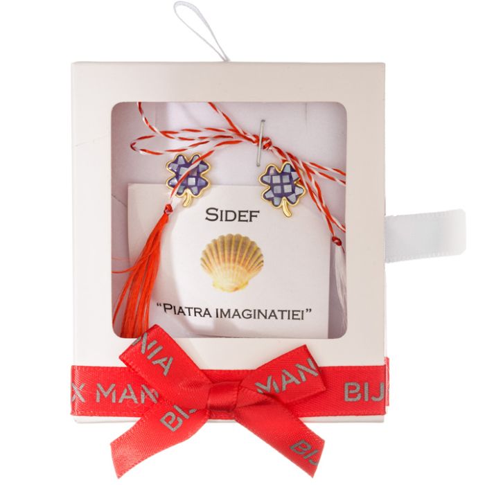Martisor cercei surub cupru placat auriu sidef violet trifoi