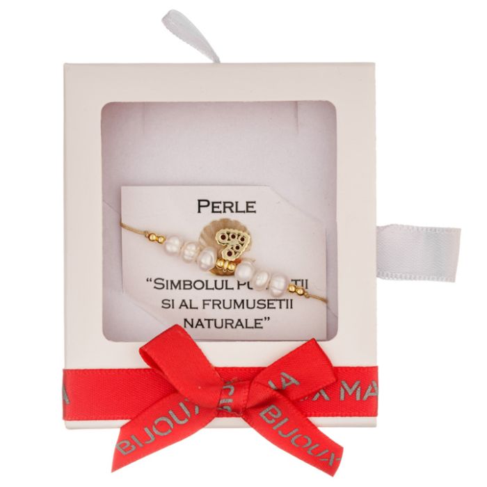 Martisor bratara cupru placat auriu perle alb 4-5 mm charm inima zirconiu siclam