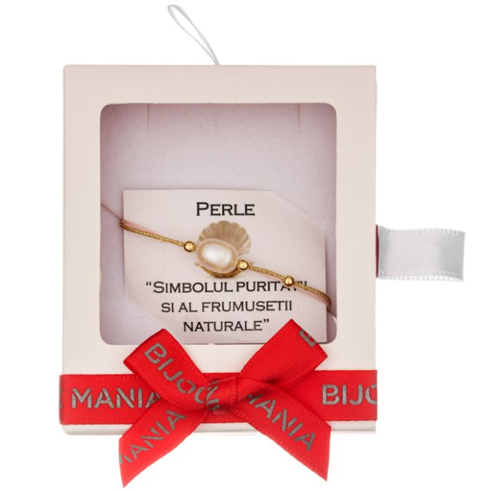 Martisor bratara cupru placat auriu perla alb bob roz 7x9 mm fir 