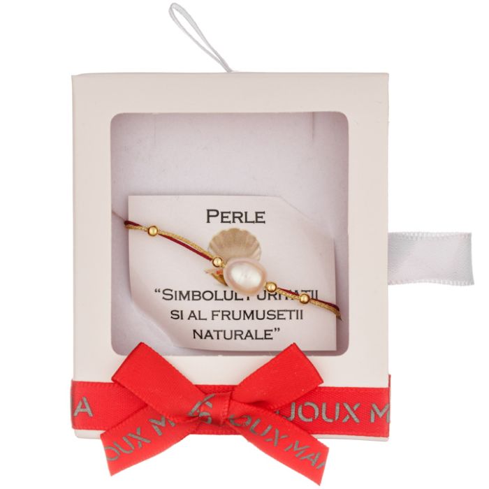 Martisor bratara cupru placat auriu perla alb bob 7x9 mm fir grena