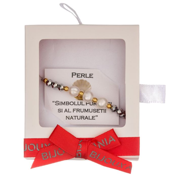 Martisor bratara cupru placat auriu perle alb 6-7 mm discuri sticla argintiu bile 3 mm