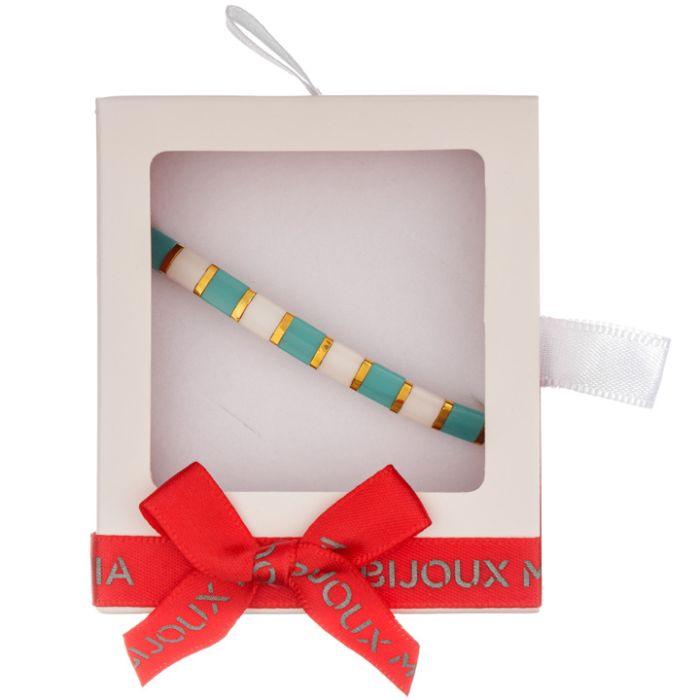 Martisor bratara cupru placat auriu Miyuki patrat alb bleu auriu