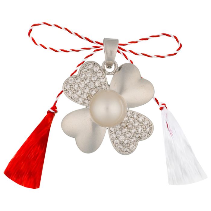Martisor baza pandantiv cupru placat argintiu trifoi 4 foi zirconiu alb cabosoane perle de cultura alb 10 mm