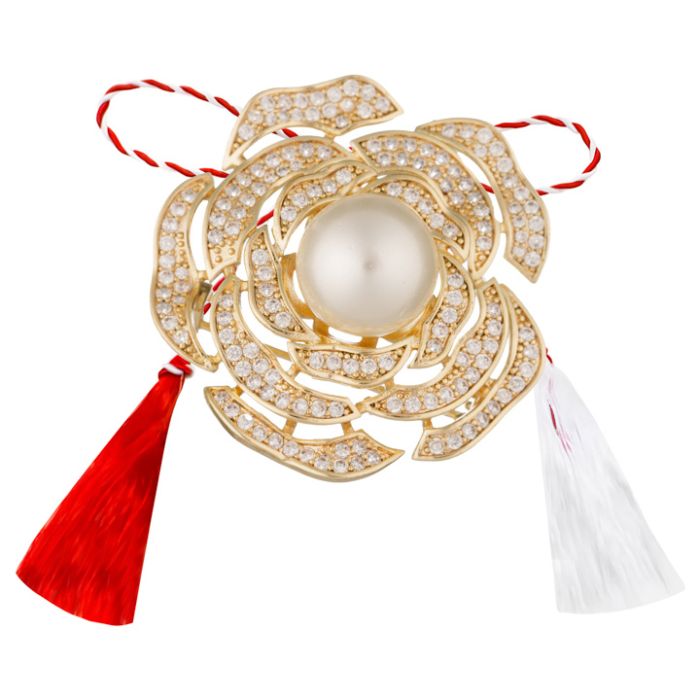 Martisor brosa cupru placat auriu floare 3 randuri scoica alb 11 mm