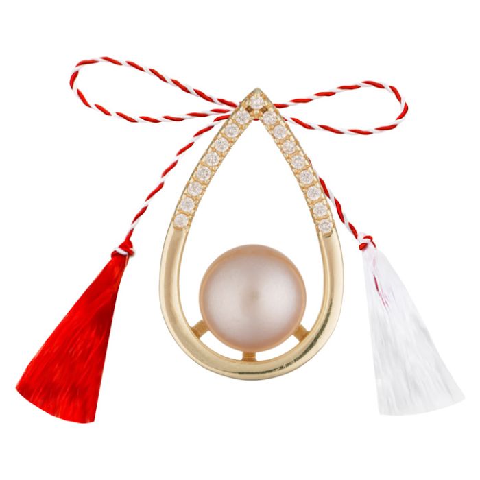 Martisor prindere pandantiv argint placat aur 14K picatura contur semiplina 14x22 mm zirconiu alb cabosoane perle de cultura lila 8 mm