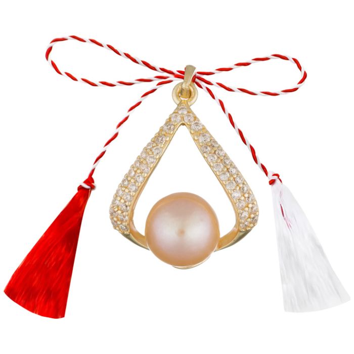 Martisor prindere pandantiv argint placat aur 14K picatura contur 2 randuri zirconiu alb 15x20 mm cabosoane perle de cultura piersica 8 mm