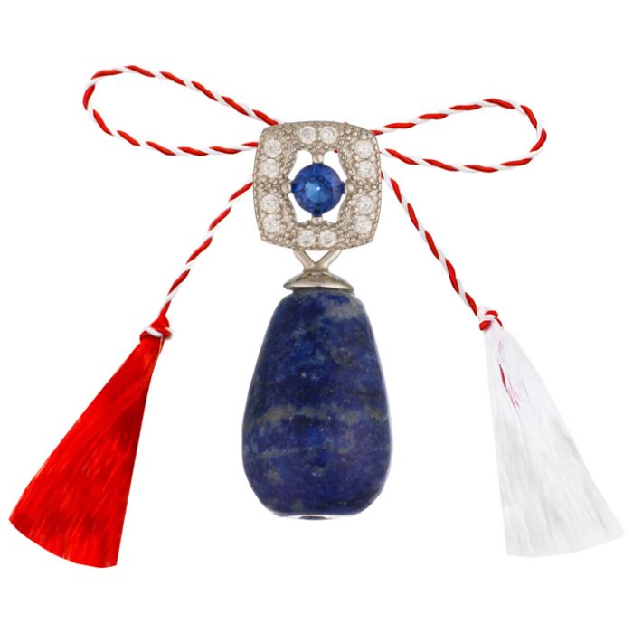 Martisor prindere pandantiv argint placat rodiu patrat rotunjit zirconiu albastru si alb lapis lazuli picaturi 8x12 mm